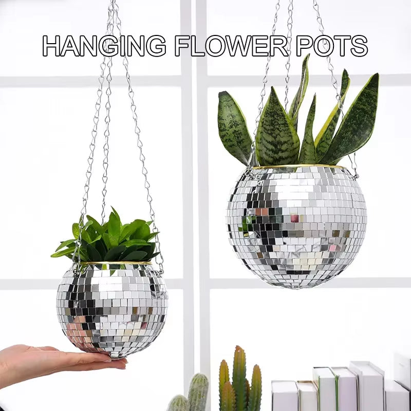 1PC Disco Ball Creative round Flowerpot Hanging Basket Plastic Glass Mirror Plant Planting Pot Succulent Slivery