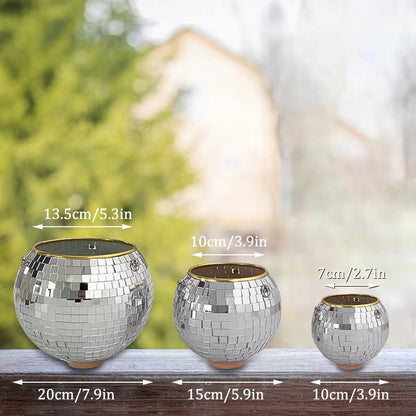 1PC Disco Ball Creative round Flowerpot Hanging Basket Plastic Glass Mirror Plant Planting Pot Succulent Slivery