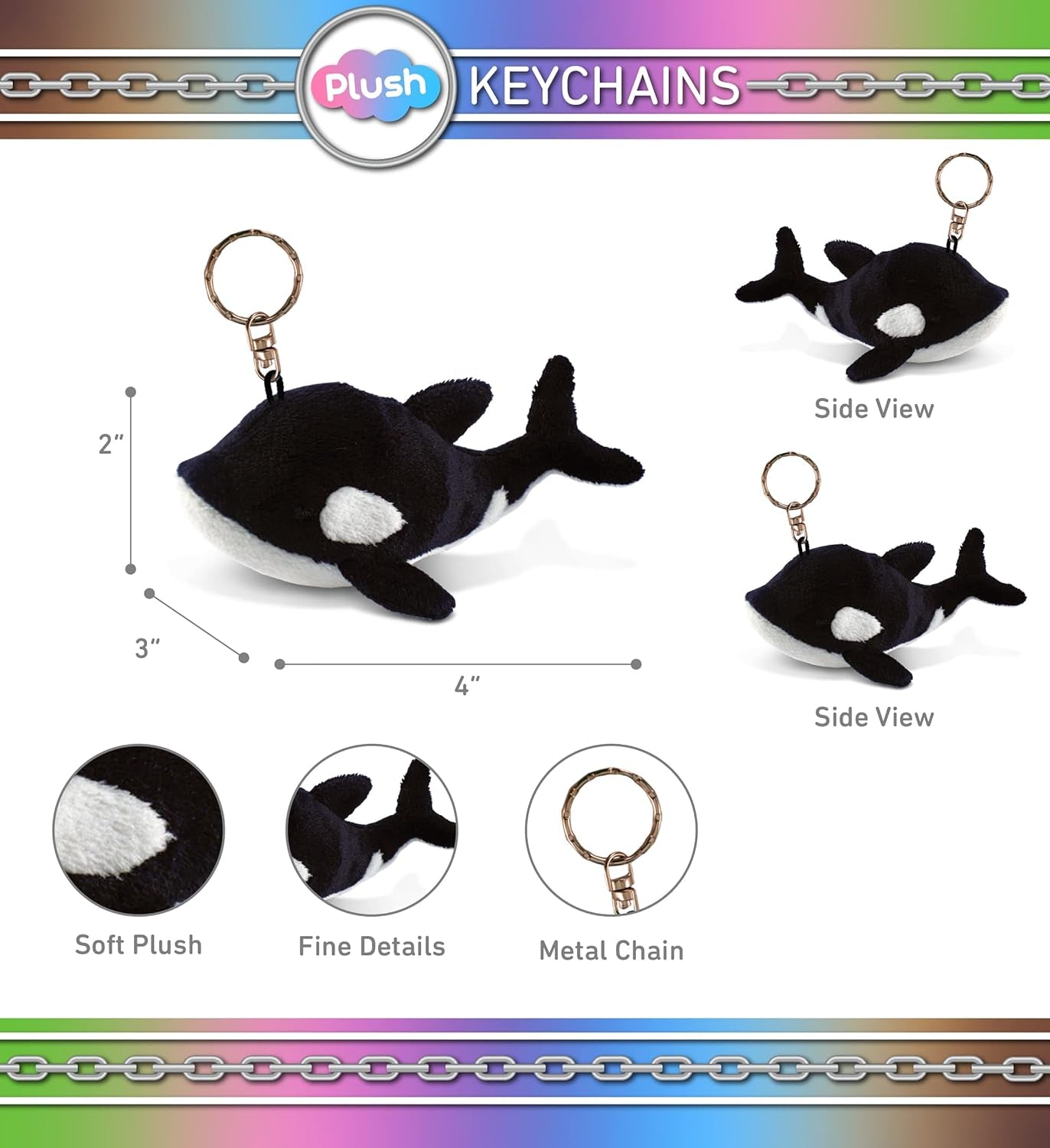 Killer Whale Plush Keychain Stuffed Animal Toy - Soft Ocean Life Animal Black Whale Charm Keyring, Decorative Plush Toy Accessory Fun Buddy for Kids Bag - 4 Inches