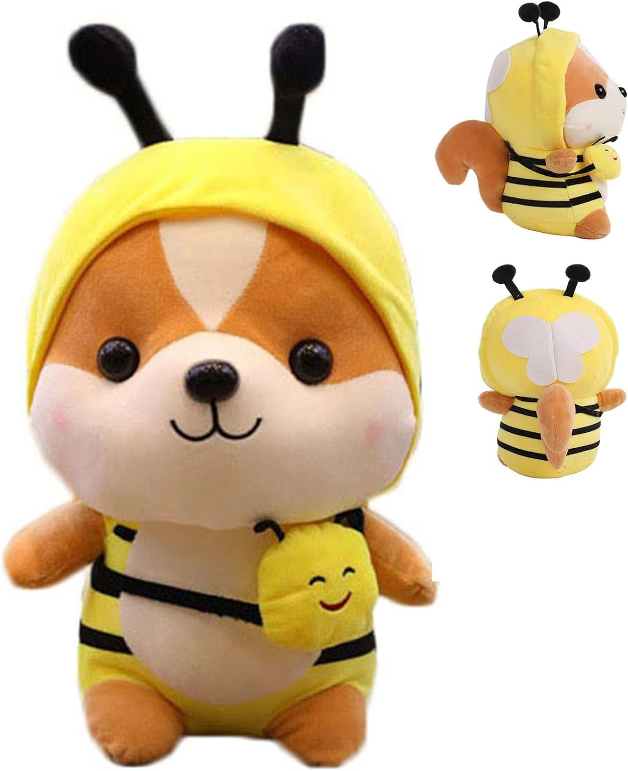 Squirrel-Bee Stuffed Animal Squirrel Wearing Bumble Bee Costume Plushies Chipmuck Dressed as Cute Honeybee Plush Toys Chipmuck for Kids Stuffed Shiba Inu Animals for Lover 10 Inch